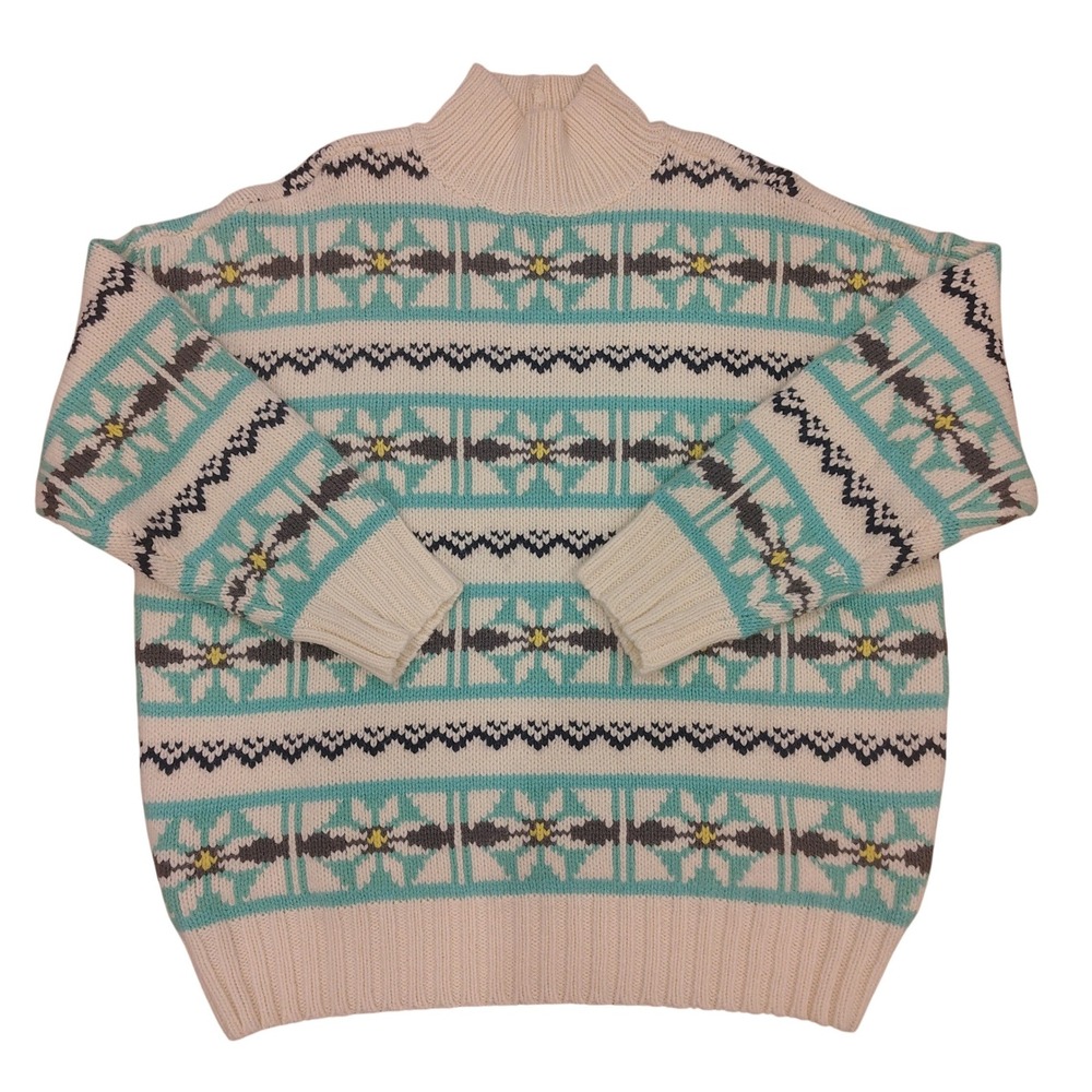 American Eagle  Fair Isle Geometric Mock Neck Sweater M Cream Aqua‎ Gray Yellow